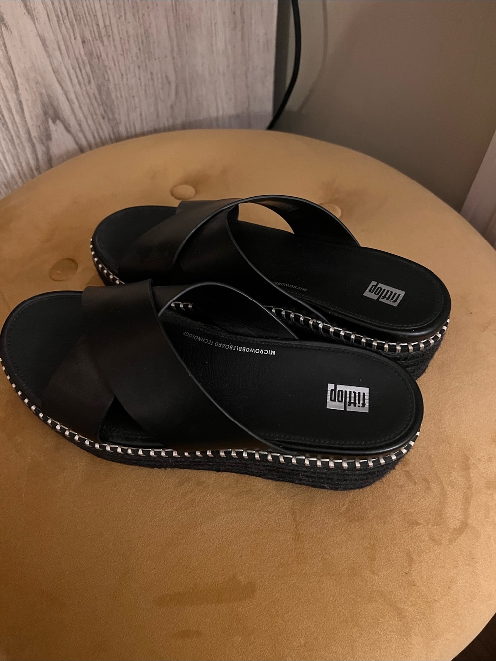 Fitflop Black Leather Crisscross Platform Slides with Silver Accent